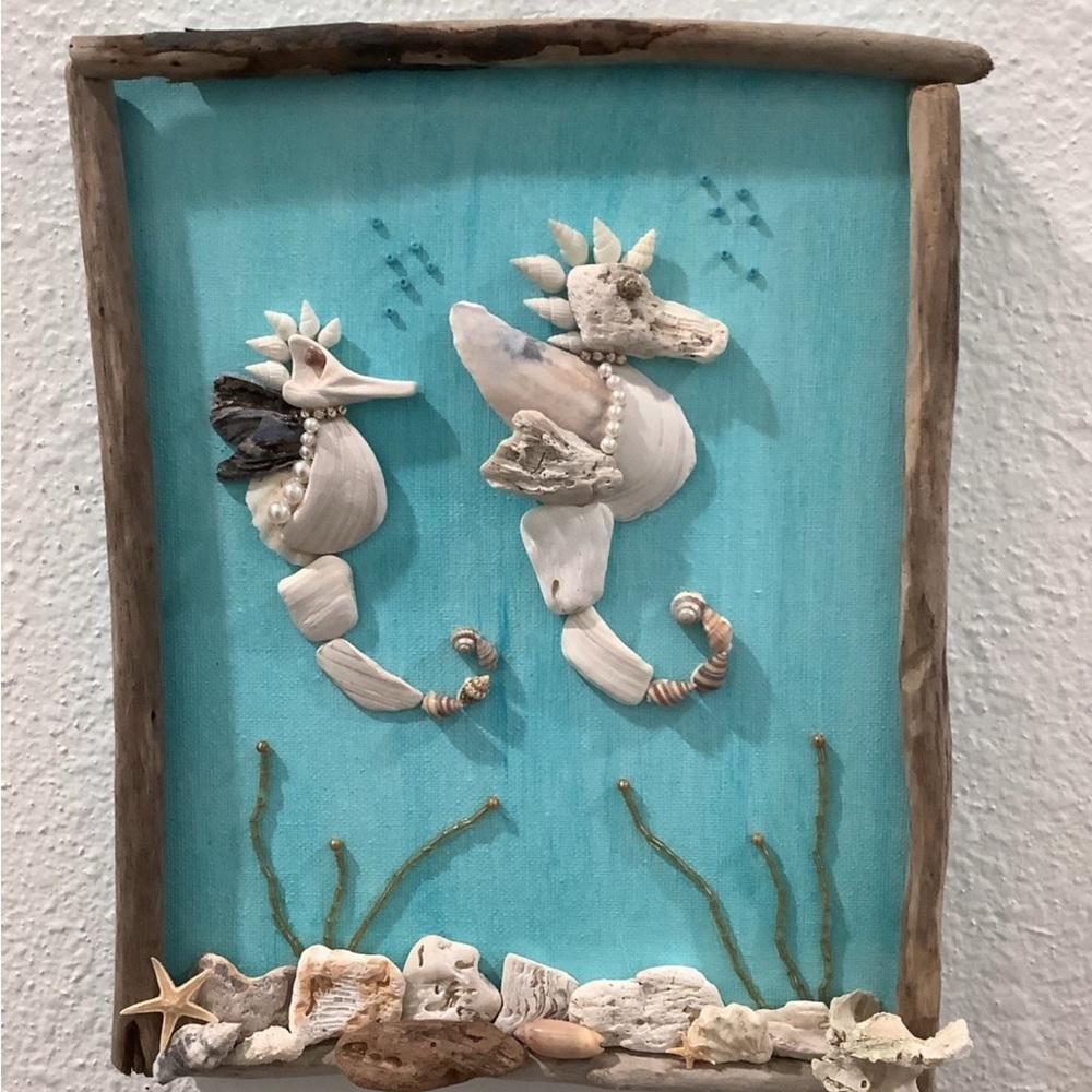 Driftwood Art, Seashell Jeweled Seahorses, Jeweled Seahorses Art, Coastal Art - Picture 2 of 8